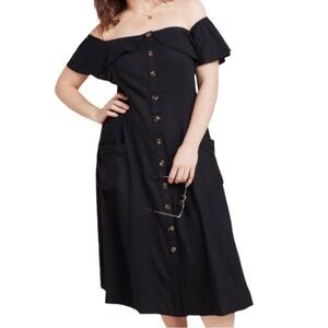 Anthropologie Oahu Black Off the Shoulder Midi Dress Linen Blend Milkmaid 20W